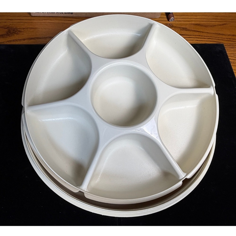 Vintage Tupperware Serving Tray: Almond Off White, 7 Compartment Dip Platter